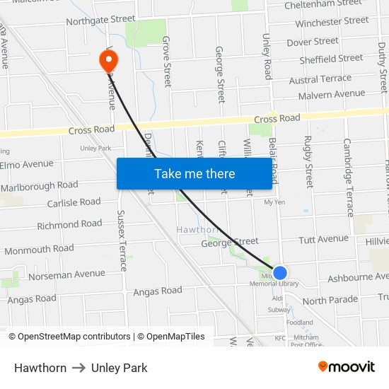 Hawthorn to Unley Park map