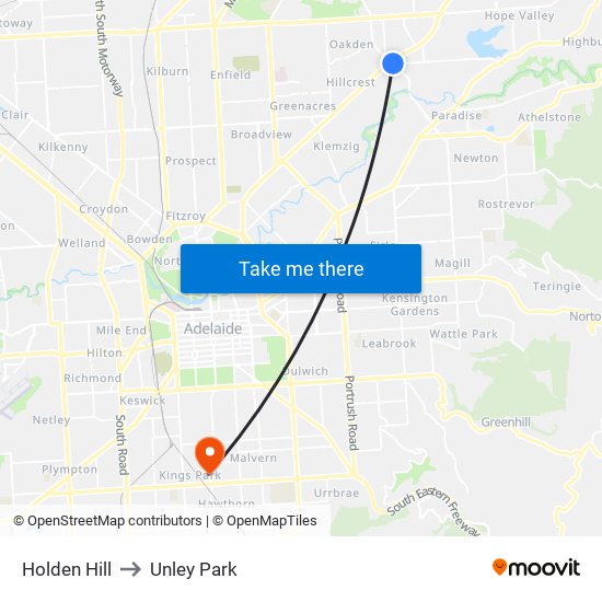 Holden Hill to Unley Park map