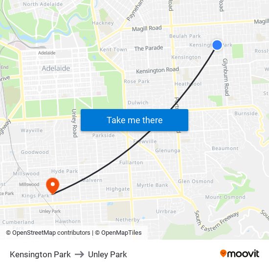 Kensington Park to Unley Park map