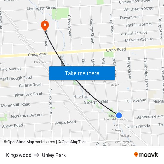 Kingswood to Unley Park map