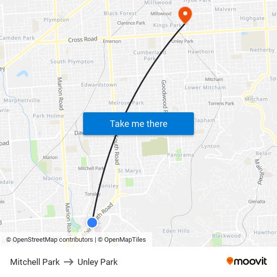 Mitchell Park to Unley Park map