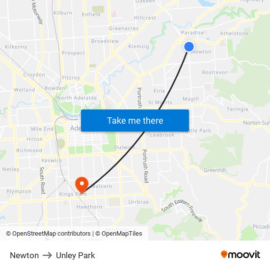 Newton to Unley Park map