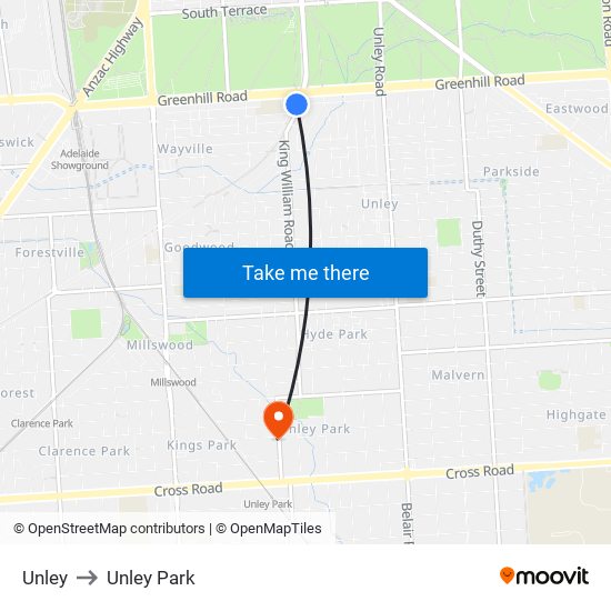 Unley to Unley Park map