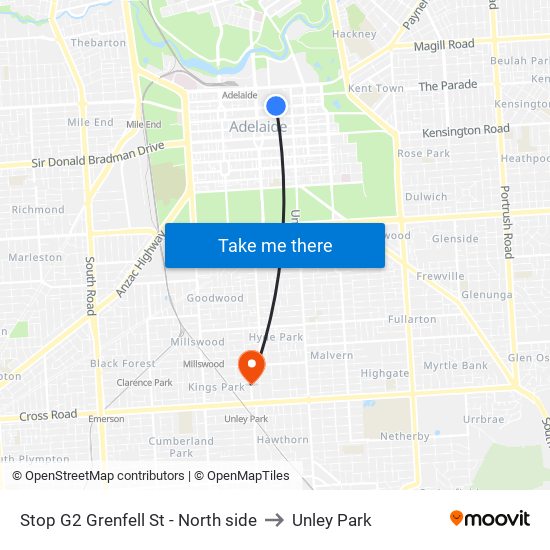 Stop G2 Grenfell St - North side to Unley Park map