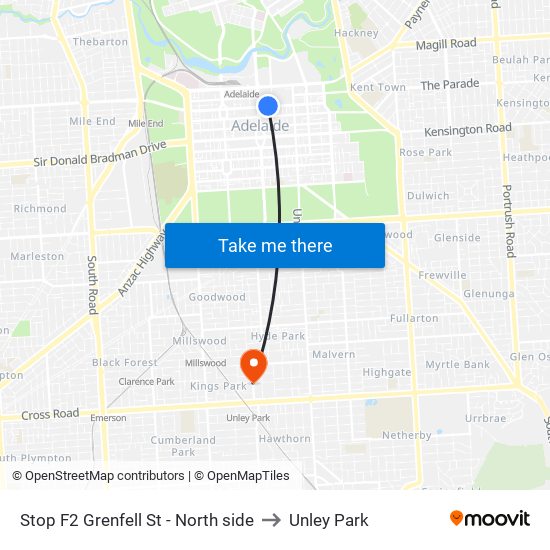 Stop F2 Grenfell St - North side to Unley Park map