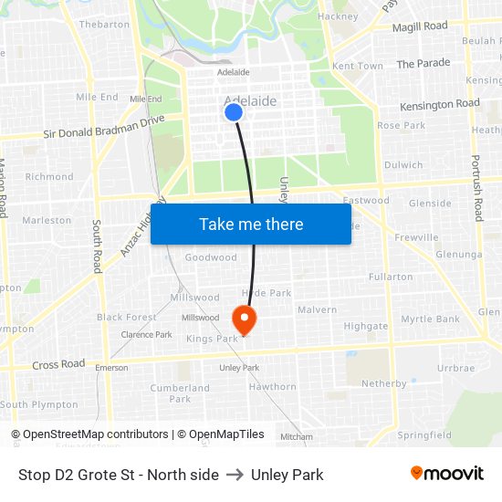 Stop D2 Grote St - North side to Unley Park map