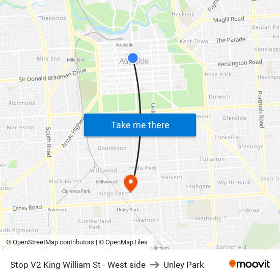 Stop V2 King William St - West side to Unley Park map
