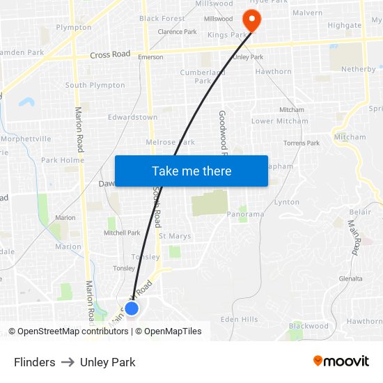 Flinders to Unley Park map