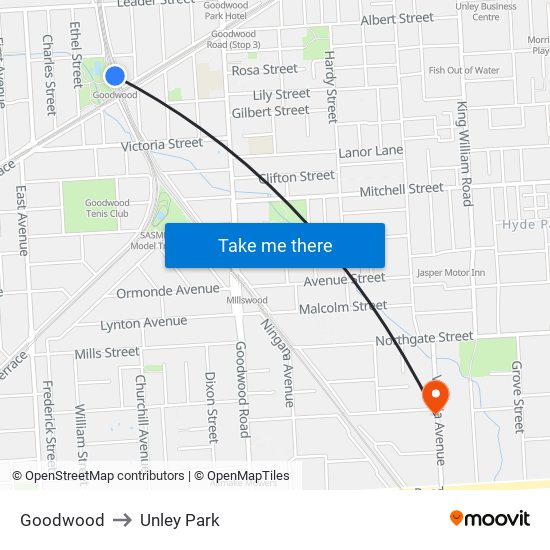 Goodwood to Unley Park map