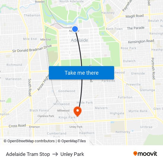 Adelaide Tram Stop to Unley Park map