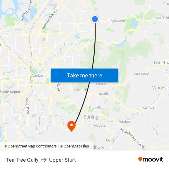 Tea Tree Gully to Upper Sturt map