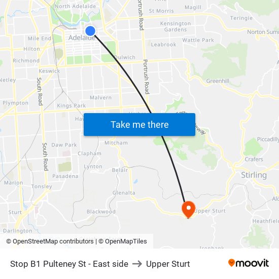 Stop B1 Pulteney St - East side to Upper Sturt map