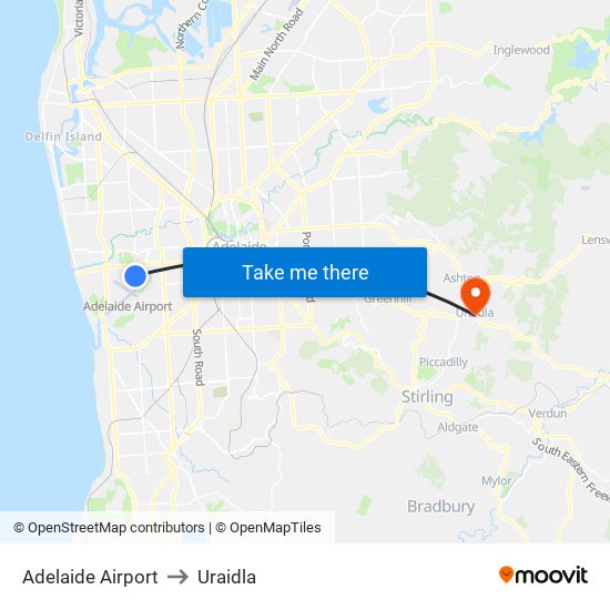 Adelaide Airport to Uraidla map