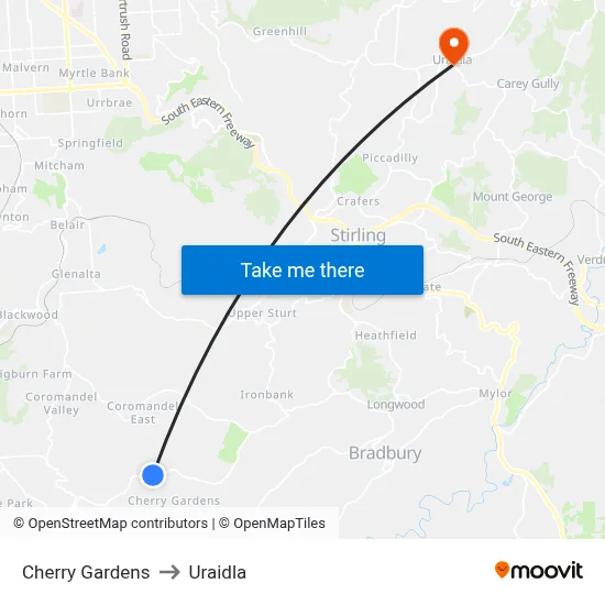 Cherry Gardens to Uraidla map