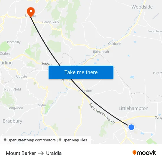 Mount Barker to Uraidla map