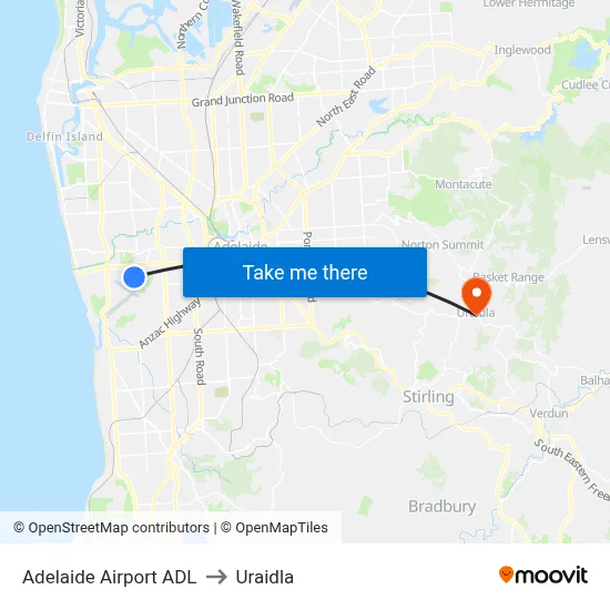 Adelaide Airport ADL to Uraidla map