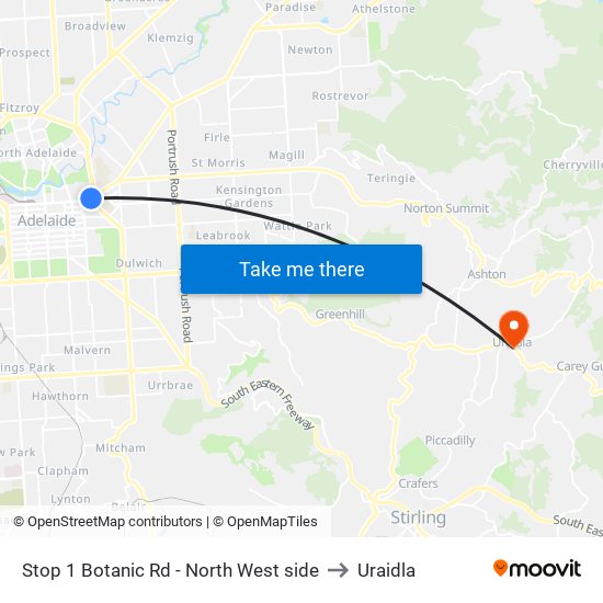 Stop 1 Botanic Rd - North West side to Uraidla map