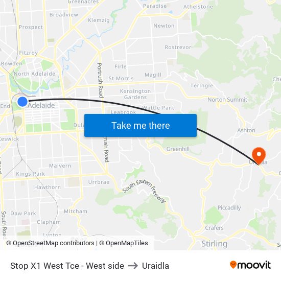 Stop X1 West Tce - West side to Uraidla map