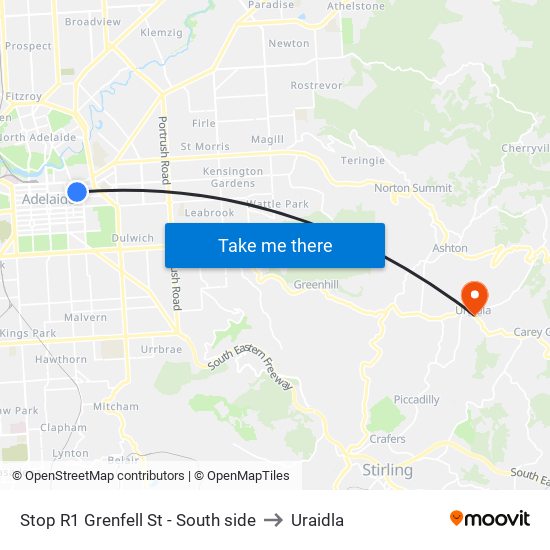 Stop R1 Grenfell St - South side to Uraidla map
