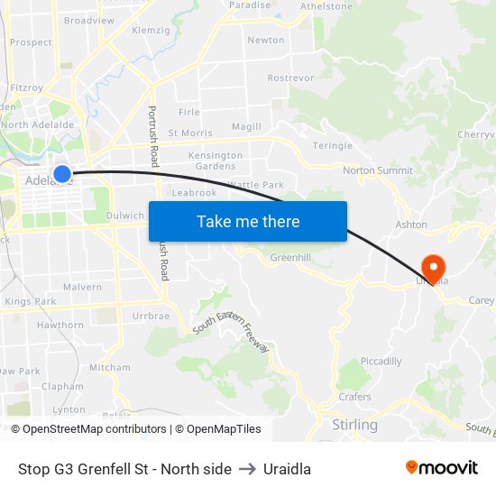 Stop G3 Grenfell St - North side to Uraidla map