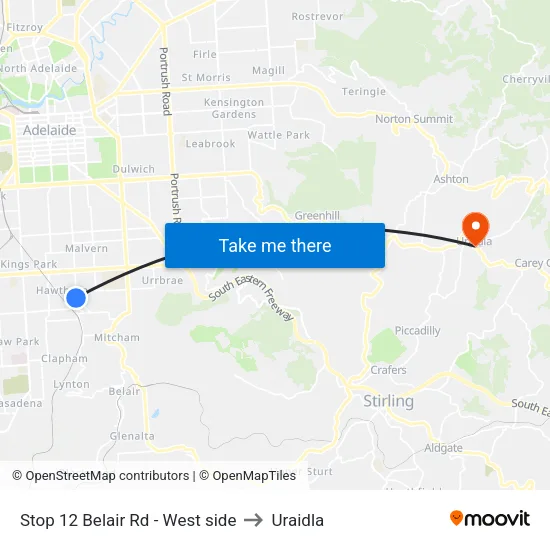 Stop 12 Belair Rd - West side to Uraidla map