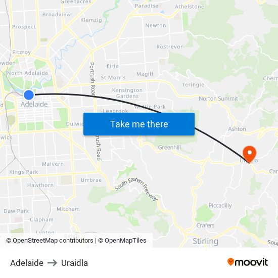 Adelaide to Uraidla map