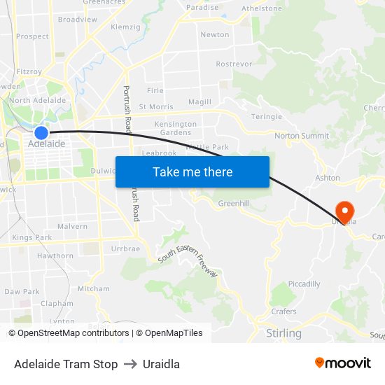 Adelaide Tram Stop to Uraidla map