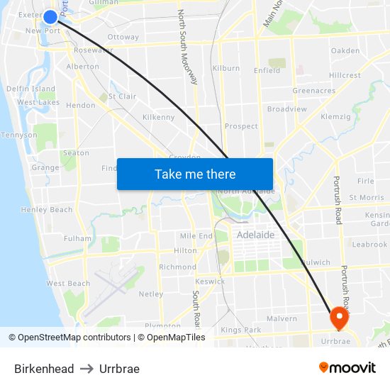 Birkenhead to Urrbrae map