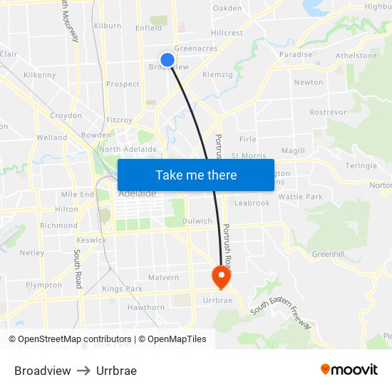 Broadview to Urrbrae map