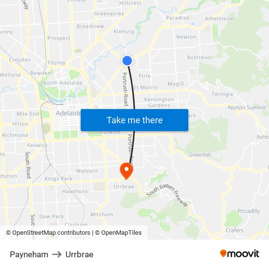 Payneham to Urrbrae map