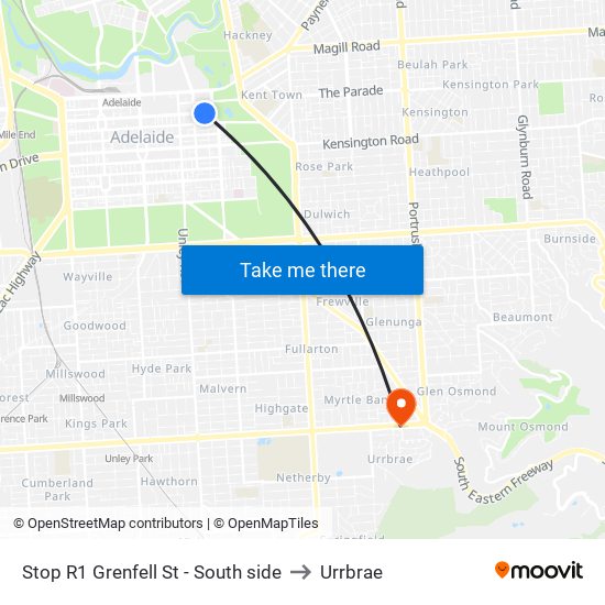 Stop R1 Grenfell St - South side to Urrbrae map