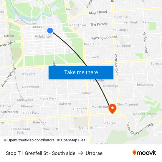 Stop T1 Grenfell St - South side to Urrbrae map