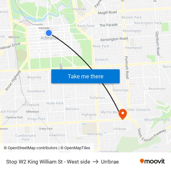 Stop W2 King William St - West side to Urrbrae map