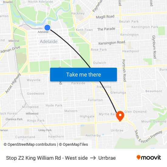 Stop Z2 King William Rd - West side to Urrbrae map