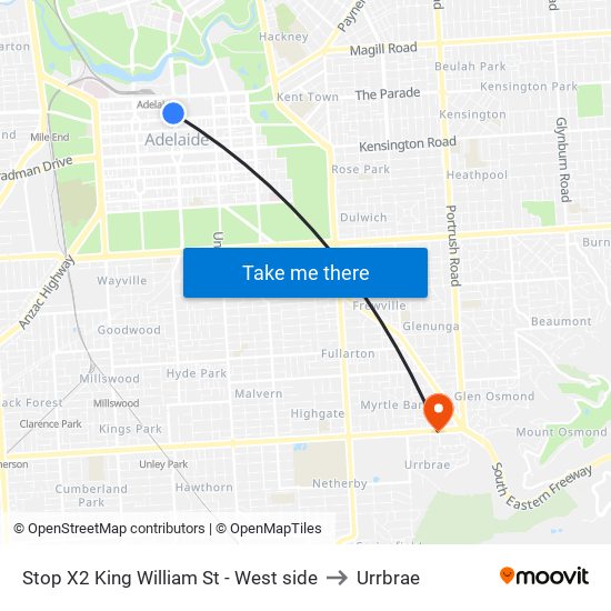 Stop X2 King William St - West side to Urrbrae map