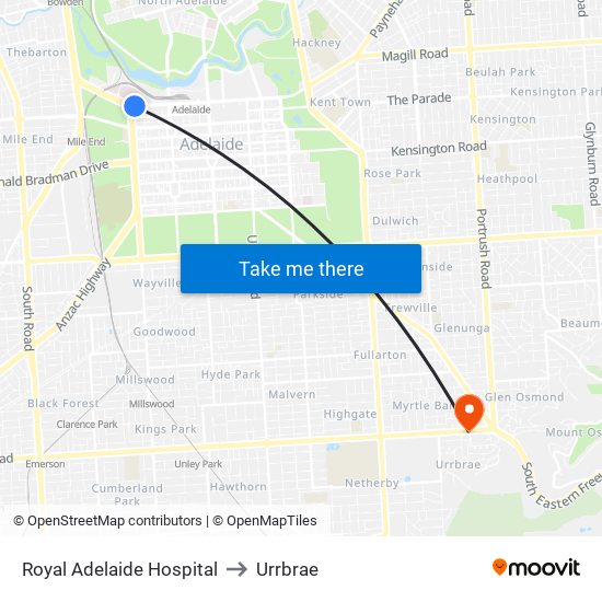Royal Adelaide Hospital to Urrbrae map