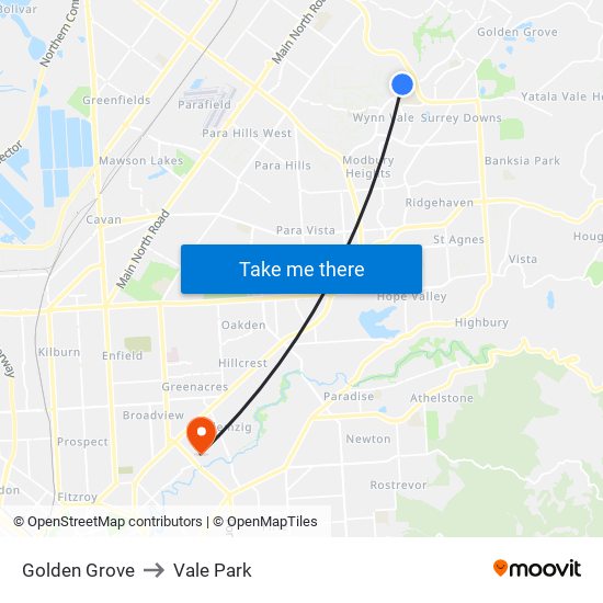 Golden Grove to Vale Park map