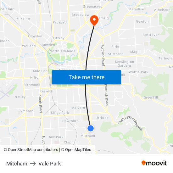 Mitcham to Vale Park map