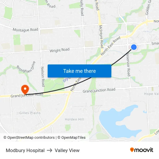 Modbury Hospital to Valley View map