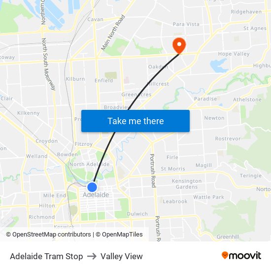 Adelaide Tram Stop to Valley View map