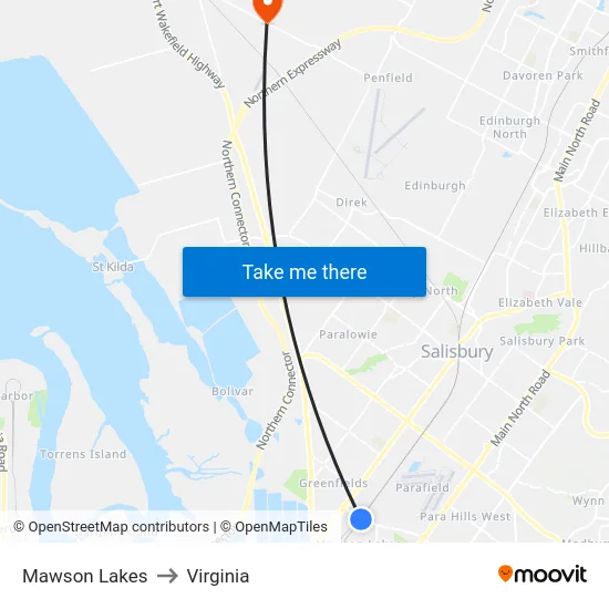 Mawson Lakes to Virginia map