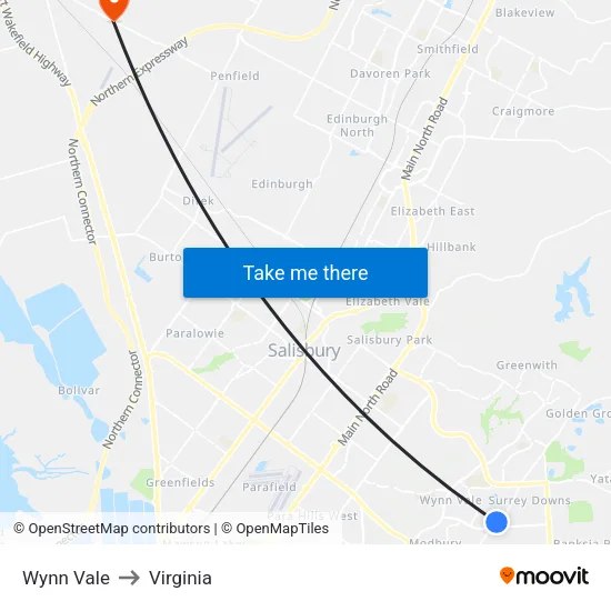 Wynn Vale to Virginia map