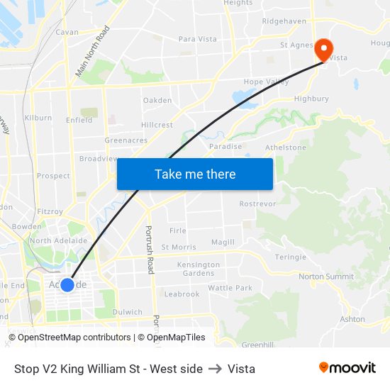 Stop V2 King William St - West side to Vista map