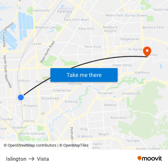 Islington to Vista map