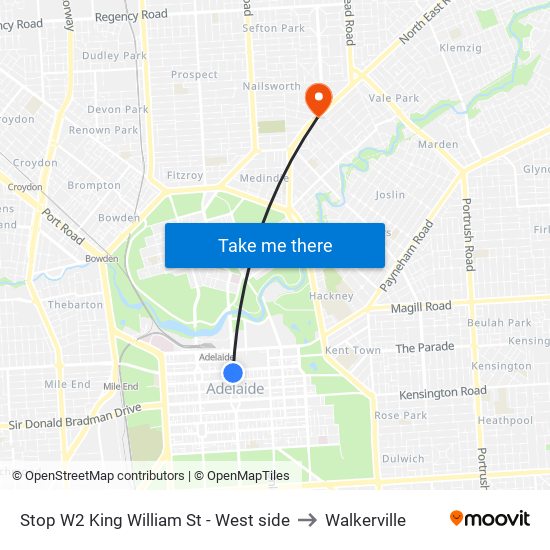 Stop W2 King William St - West side to Walkerville map