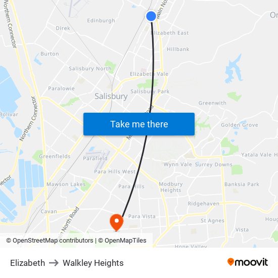 Elizabeth to Walkley Heights map
