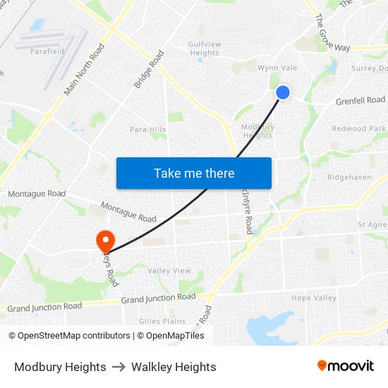 Modbury Heights to Walkley Heights map