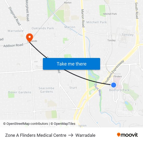 Zone A Flinders Medical Centre to Warradale map