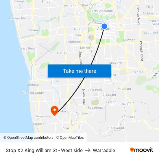 Stop X2 King William St - West side to Warradale map