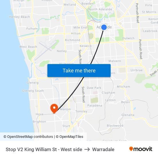 Stop V2 King William St - West side to Warradale map